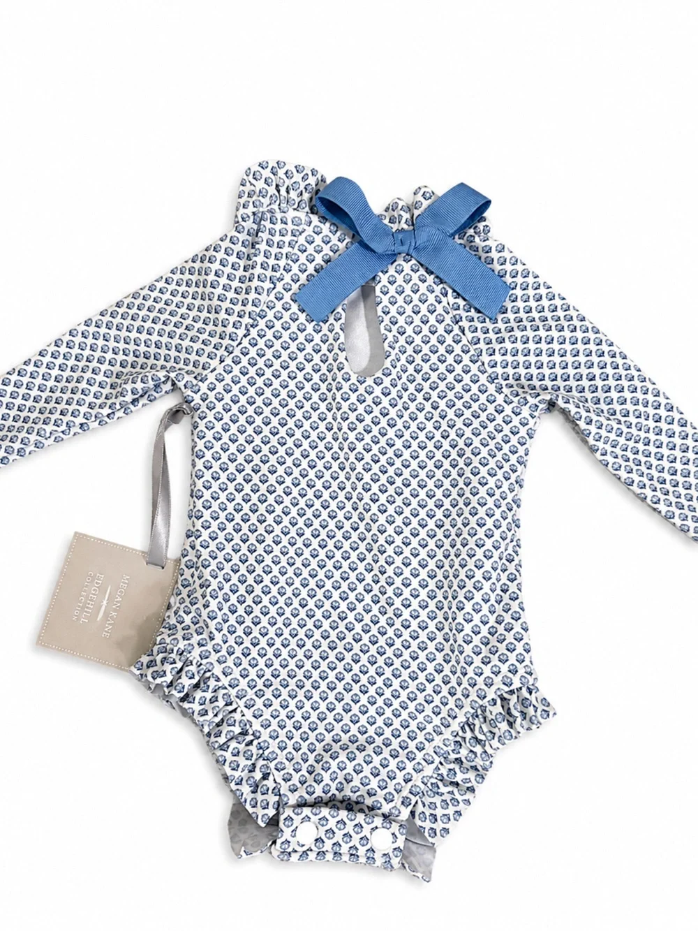 Edgehill Collection Blue and White Patterned Girls Diaper Cover with Bow